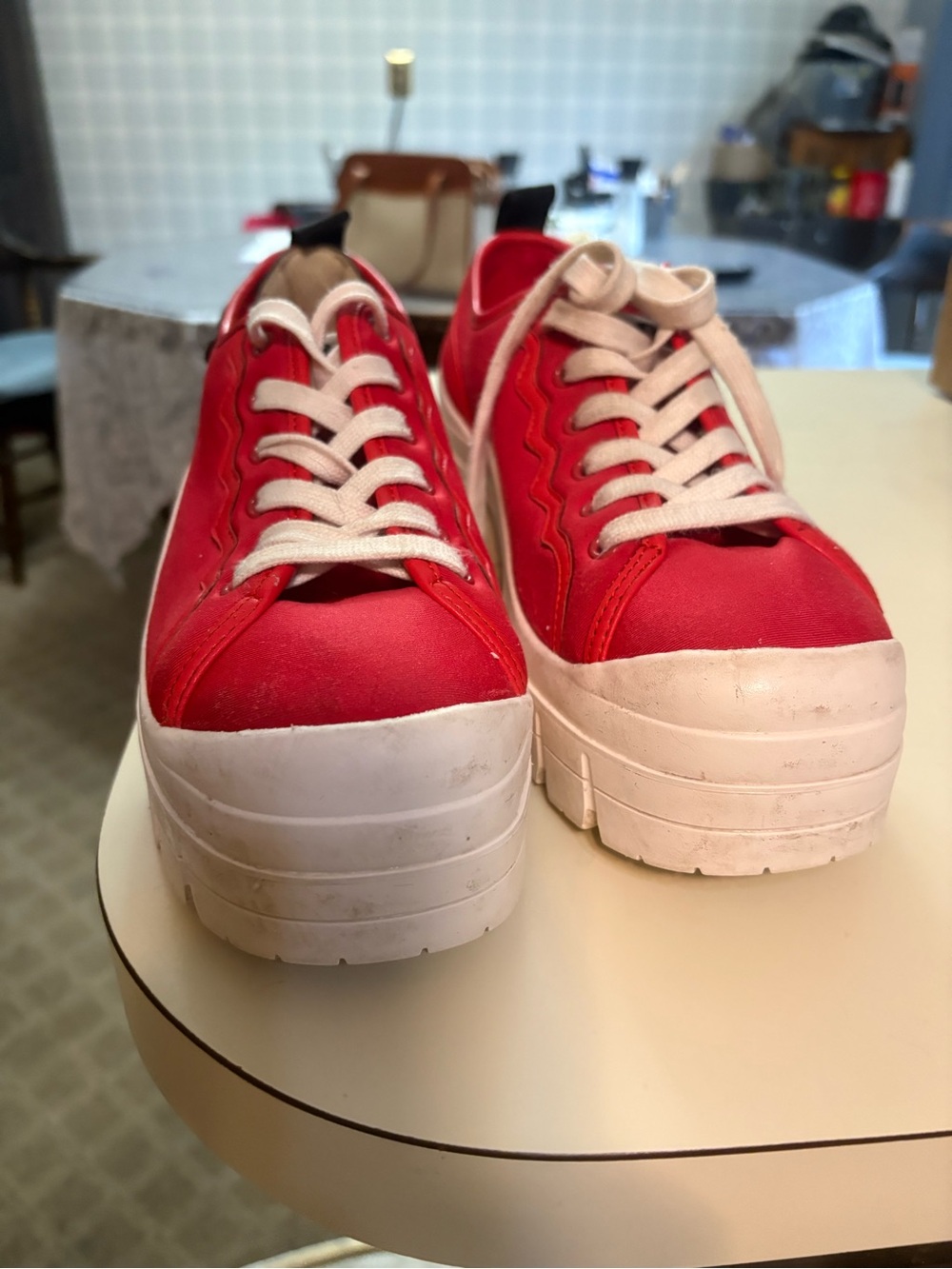 kate spade Red Platform Lace-Up Sneakers with White Sole